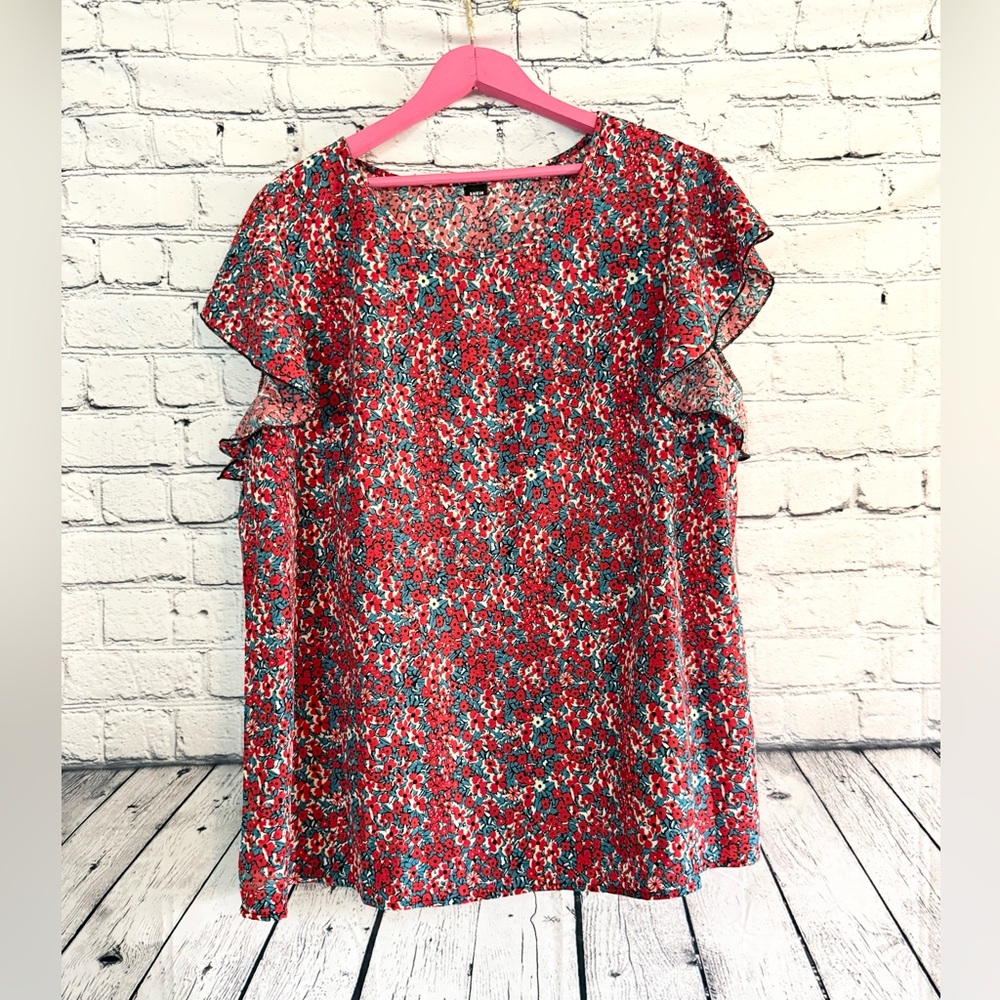 SHEIN Red and Blue Floral Blouse. Size 1X